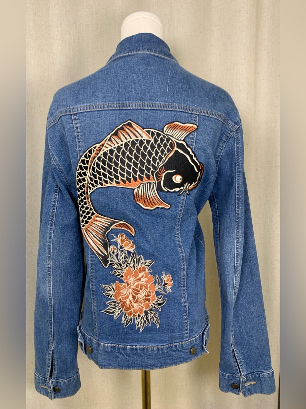 One of a Kind Custom Koi Fish Embroidered Denim Jacket Handmade S